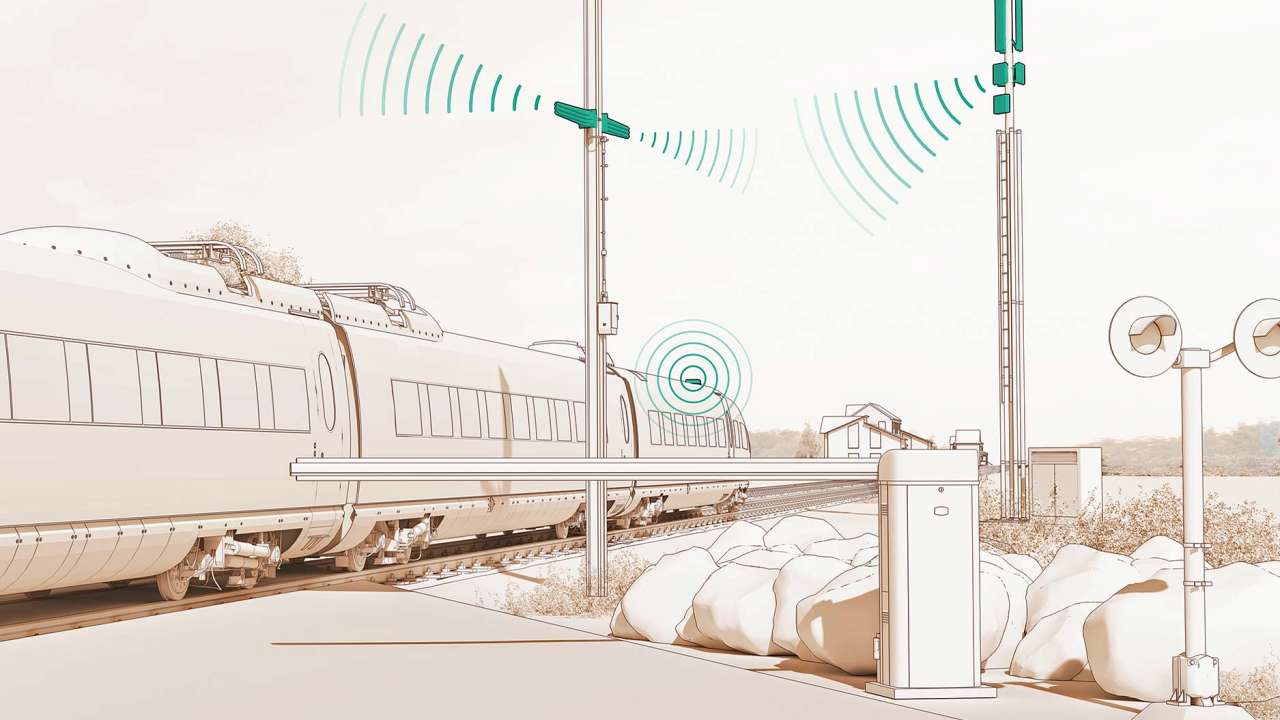 3D-Illustration eines Bahnübergangs mit fahrendem Zug und hervorgehobenen Antennen